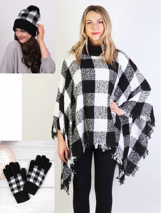 Plaid Patterned Cape Glove and Hat Set (CP1132-04BW + GL1173BK + HAT1088-01BK)